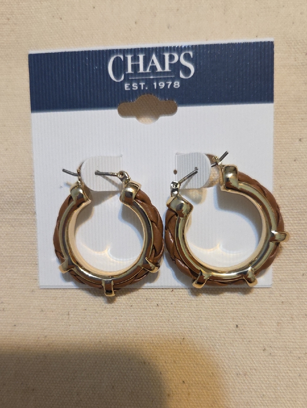 Chaps Gold and Brown Leather Braided Hoop Earrings